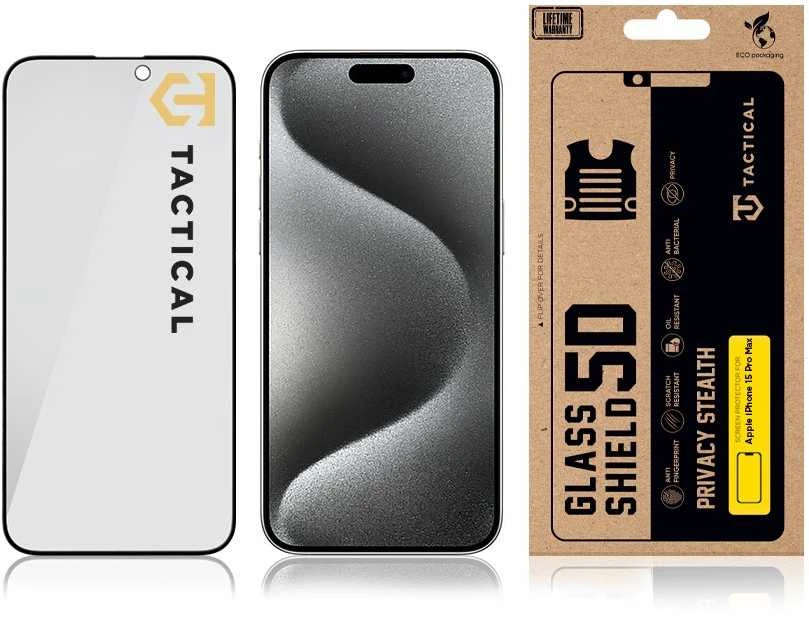 Tactical Apsauginis stiklas Shield Privacy Stealth 5D skirtas Apple iPhone 15 Pro Max Juodas