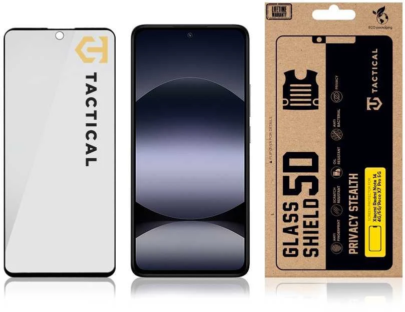 Tactical Apsauginis stiklas Shield Privacy Stealth 5D skirtas Xiaomi Redmi Note 14 4G/5G/Poco X7 Pro 5G Juodas