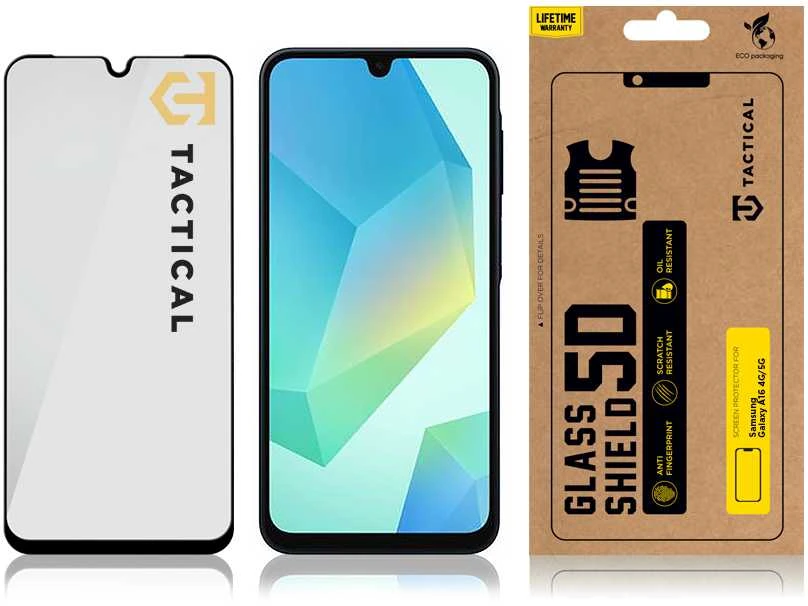 Tactical apsaugnis stiklas Shield 5D skirtas Samsung Galaxy A16 5G su juodos spalvos krašteliu
