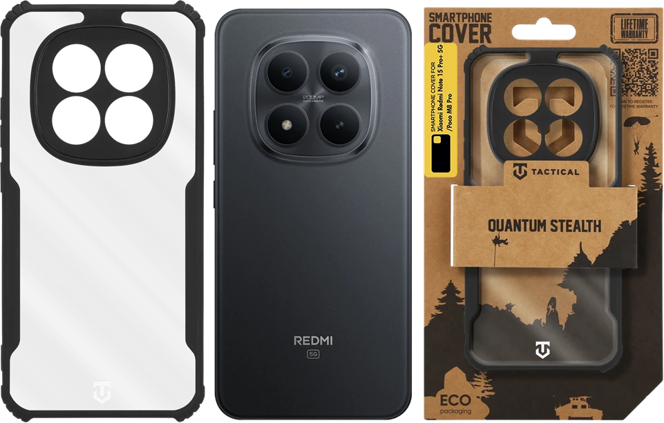 Tactical Quantum Stealth dėklas skirtas Xiaomi Redmi Note 15 Pro+ 5G/Poco M8 Pro skaidrus/juodos spalvos