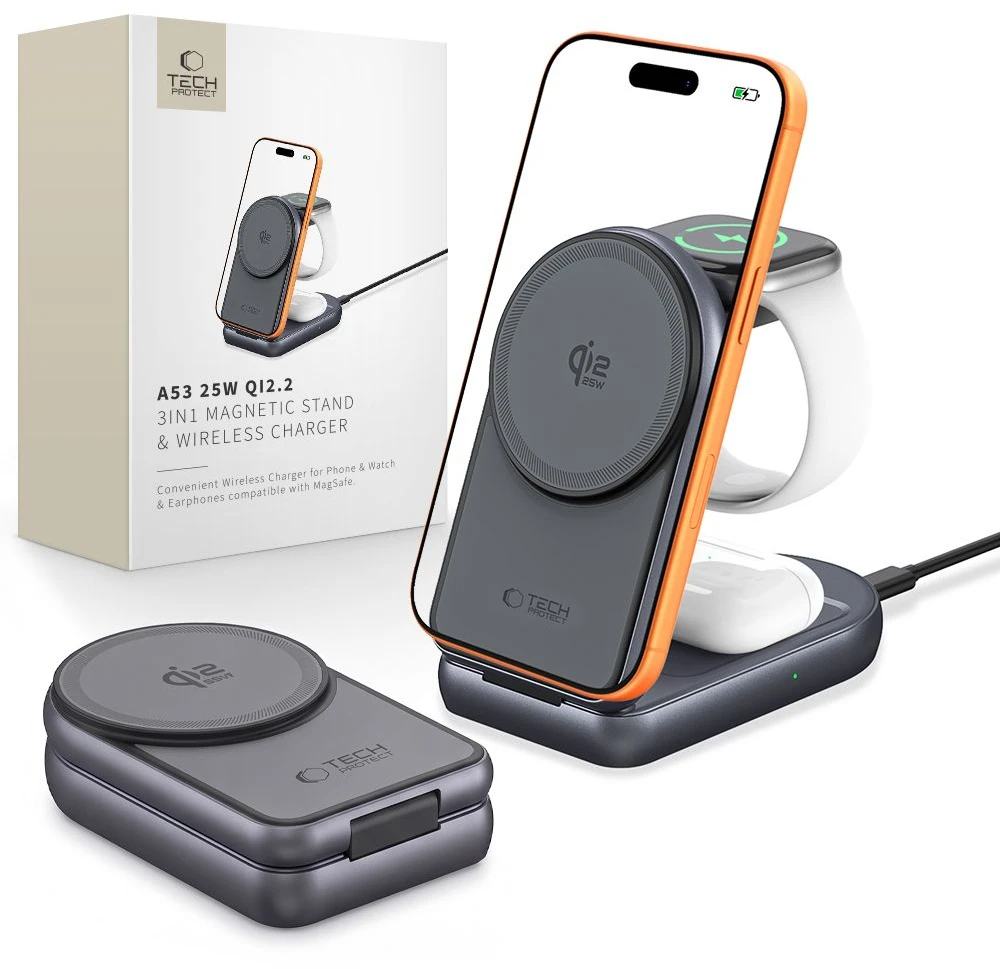 Tech-Protect A53 3IN1 MAGNETINIS MagSafe BELAIDIS ĮKROVIKLIS 25W QI2.2 TAMSIAI PILKAS