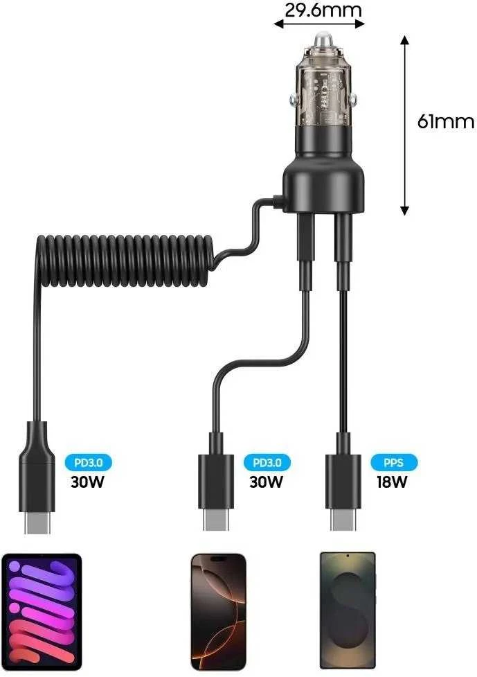 Tech Protect CC05 automobilinis įkroviklis su 2 prievadais, PD60 W, USB-C laidas - Juodas
