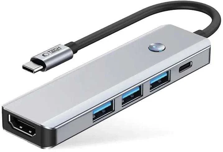 Tech-Protect HB01 HUB Adapteris 5in1 USB-C + USB3.0 + HDMI 4K 60Hz + PD100W - pilka