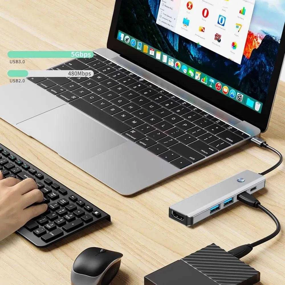 Tech-Protect HB01 HUB Adapteris 5in1 USB-C + USB3.0 + HDMI 4K 60Hz + PD100W - pilka