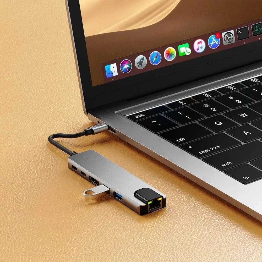 Tech-Protect HB02 HUB Adapteris 6in1 USB-C + USB2.0 + USB3.0 + HDMI 4K 30Hz + RJ45 + PD100W - pilka
