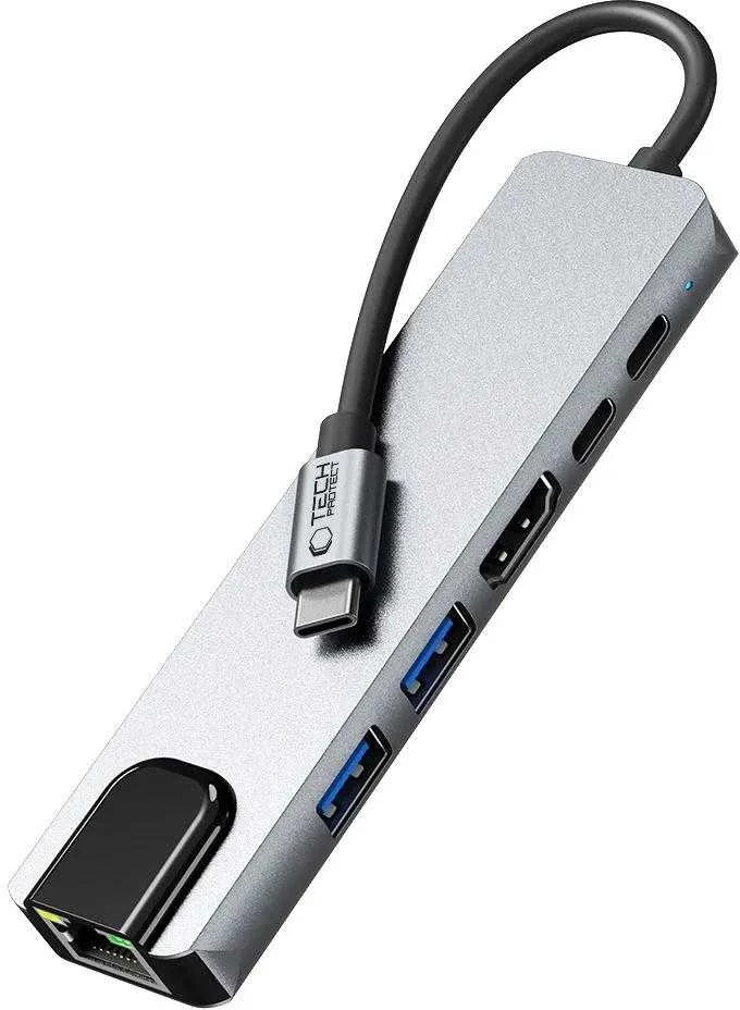 Tech-Protect HB02 HUB Adapteris 6in1 USB-C + USB2.0 + USB3.0 + HDMI 4K 30Hz + RJ45 + PD100W - pilka