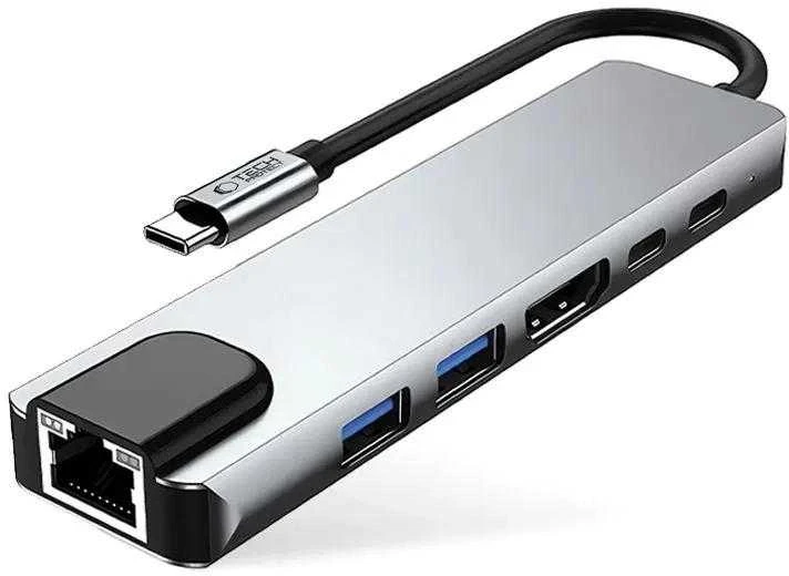 Tech-Protect HB02 HUB Adapteris 6in1 USB-C + USB2.0 + USB3.0 + HDMI 4K 30Hz + RJ45 + PD100W - pilka