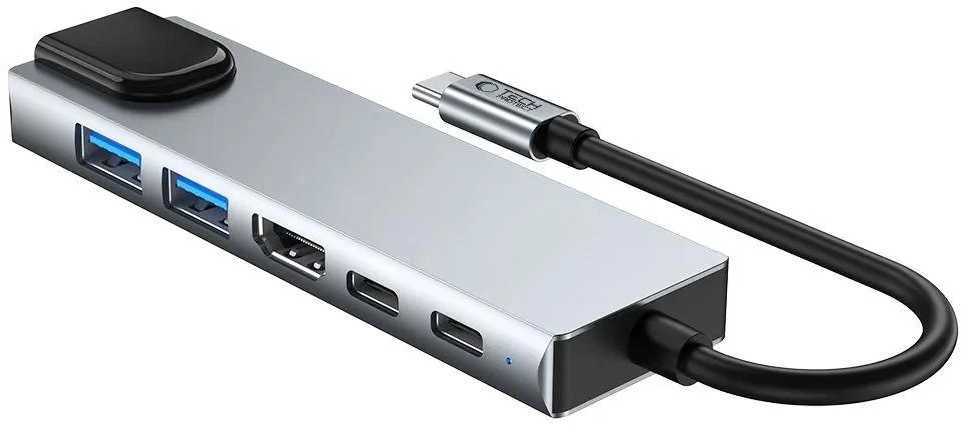 Tech-Protect HB02 HUB Adapteris 6in1 USB-C + USB2.0 + USB3.0 + HDMI 4K 30Hz + RJ45 + PD100W - pilka