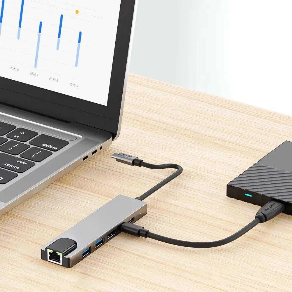 Tech-Protect HB02 HUB Adapteris 6in1 USB-C + USB2.0 + USB3.0 + HDMI 4K 30Hz + RJ45 + PD100W - pilka