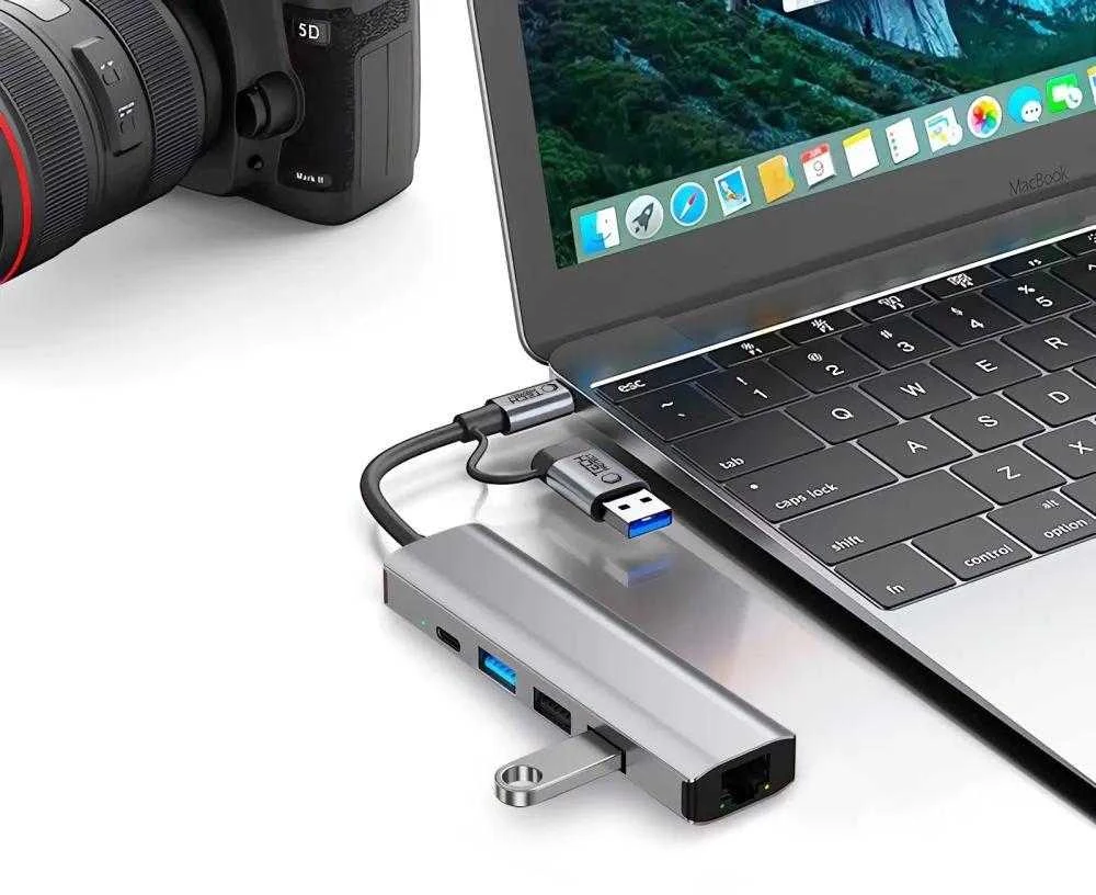 Tech-Protect HB03 HUB Adapteris 5in1 USB-C + USB2.0 + USB3.0 + RJ45 - pilka
