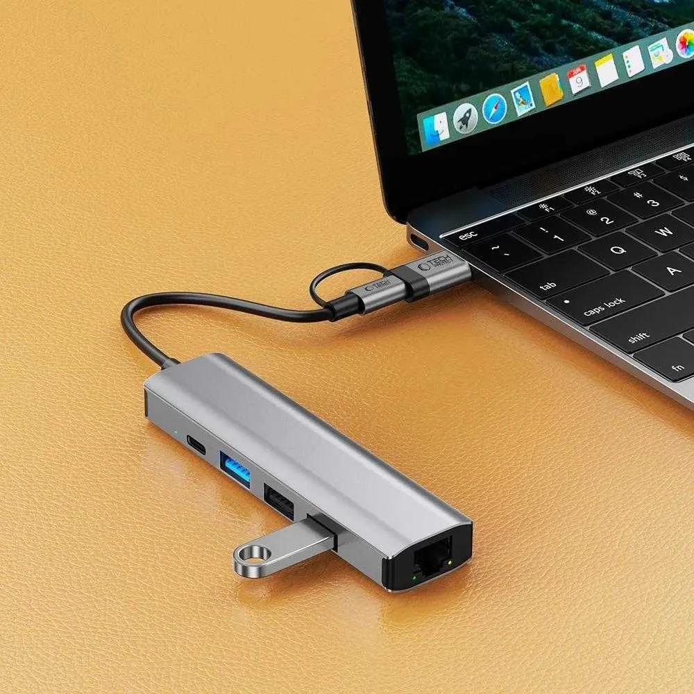 Tech-Protect HB03 HUB Adapteris 5in1 USB-C + USB2.0 + USB3.0 + RJ45 - pilka