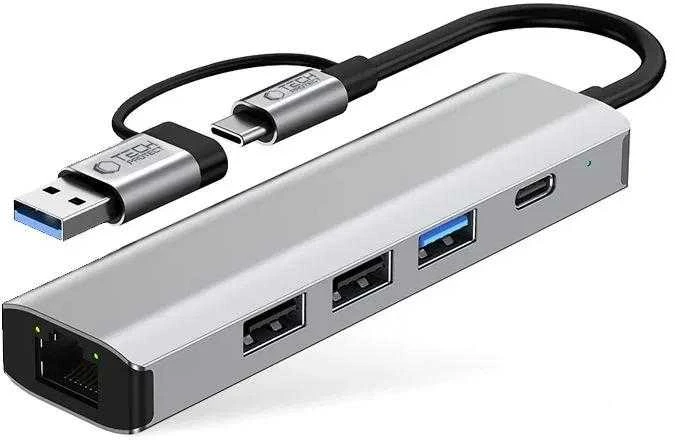 Tech-Protect HB03 HUB Adapteris 5in1 USB-C + USB2.0 + USB3.0 + RJ45 - pilka