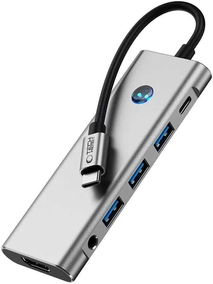 Tech-Protect HB04 HUB Adapteris 9in1 USB-C + USB2.0 + USB3.0 + HDMI 4K 60Hz + SD / TF + PD100W + AV3.5 - pilka