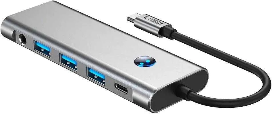 Tech-Protect HB04 HUB Adapteris 9in1 USB-C + USB2.0 + USB3.0 + HDMI 4K 60Hz + SD / TF + PD100W + AV3.5 - pilka