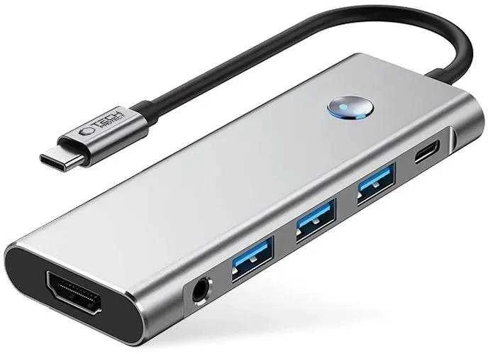 Tech-Protect HB04 HUB Adapteris 9in1 USB-C + USB2.0 + USB3.0 + HDMI 4K 60Hz + SD / TF + PD100W + AV3.5 - pilka