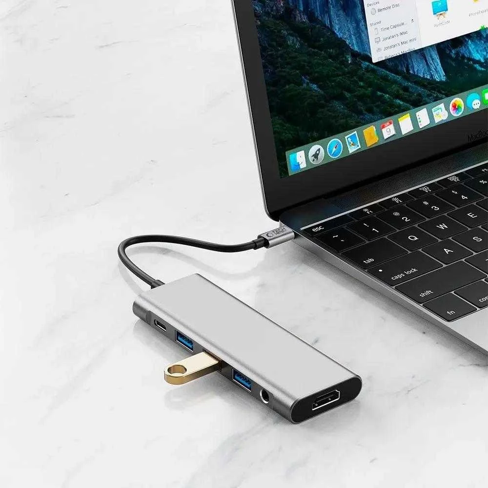 Tech-Protect HB04 HUB Adapteris 9in1 USB-C + USB2.0 + USB3.0 + HDMI 4K 60Hz + SD / TF + PD100W + AV3.5 - pilka