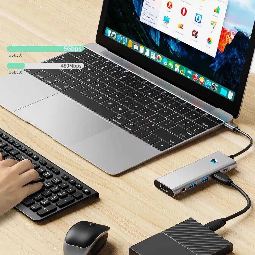 Tech-Protect HB04 HUB Adapteris 9in1 USB-C + USB2.0 + USB3.0 + HDMI 4K 60Hz + SD / TF + PD100W + AV3.5 - pilka