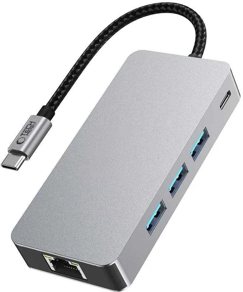 Tech-Protect HB05 HUB 9in1 USB-C + USB2.0 + USB3.0 + HDMI 4K 60HZ + SD / TF + PD100W + RJ45 adapteris - pilka