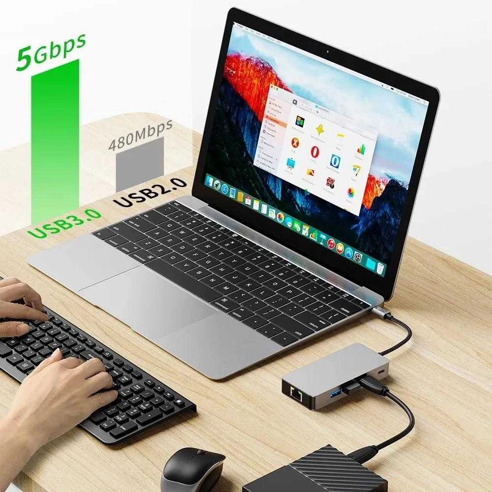 Tech-Protect HB05 HUB 9in1 USB-C + USB2.0 + USB3.0 + HDMI 4K 60HZ + SD / TF + PD100W + RJ45 adapteris - pilka