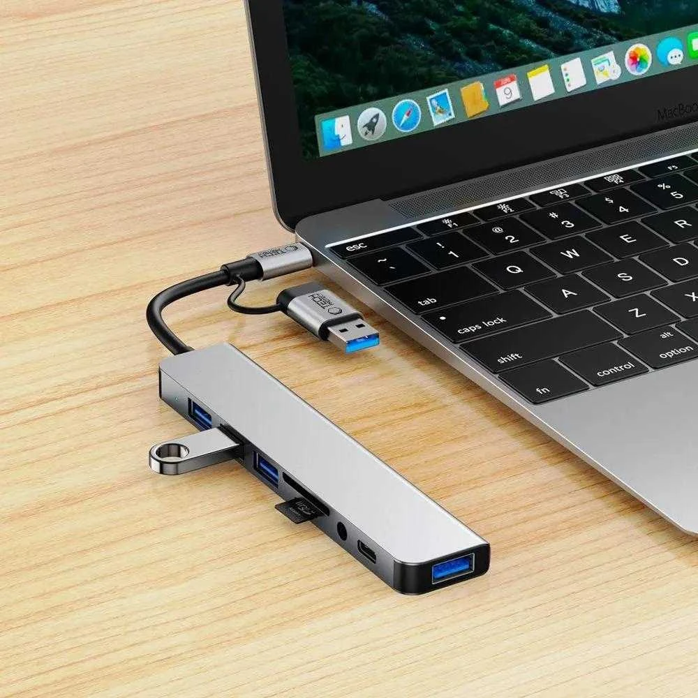 Tech-Protect HB06 HUB Adapteris 8in1 TYPE-C + USB2.0 + USB3.0 + SD/TF + AV3.5 - pilka