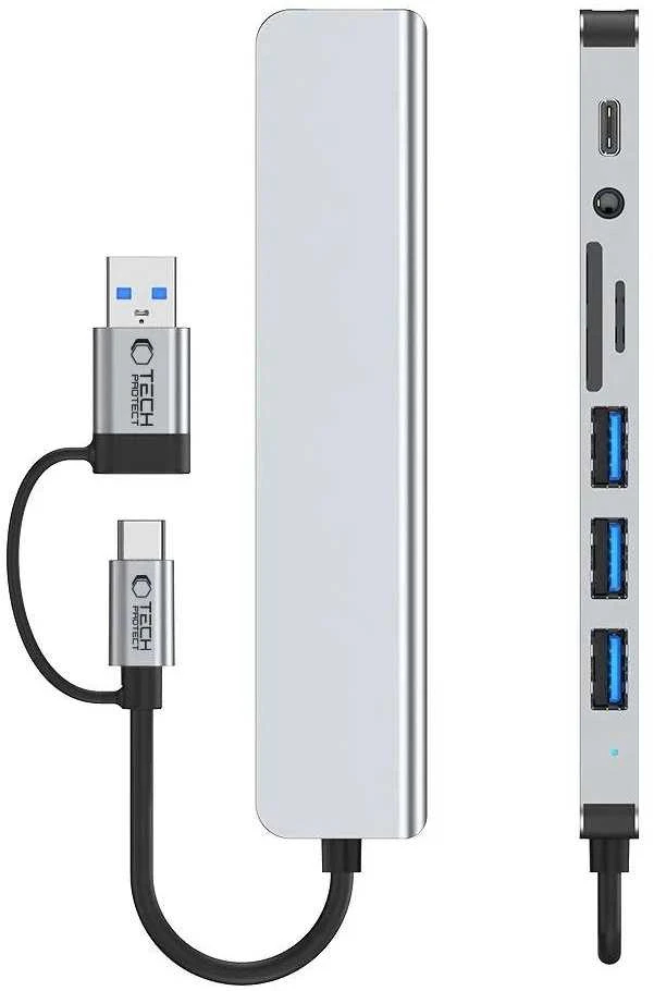 Tech-Protect HB06 HUB Adapteris 8in1 TYPE-C + USB2.0 + USB3.0 + SD/TF + AV3.5 - pilka