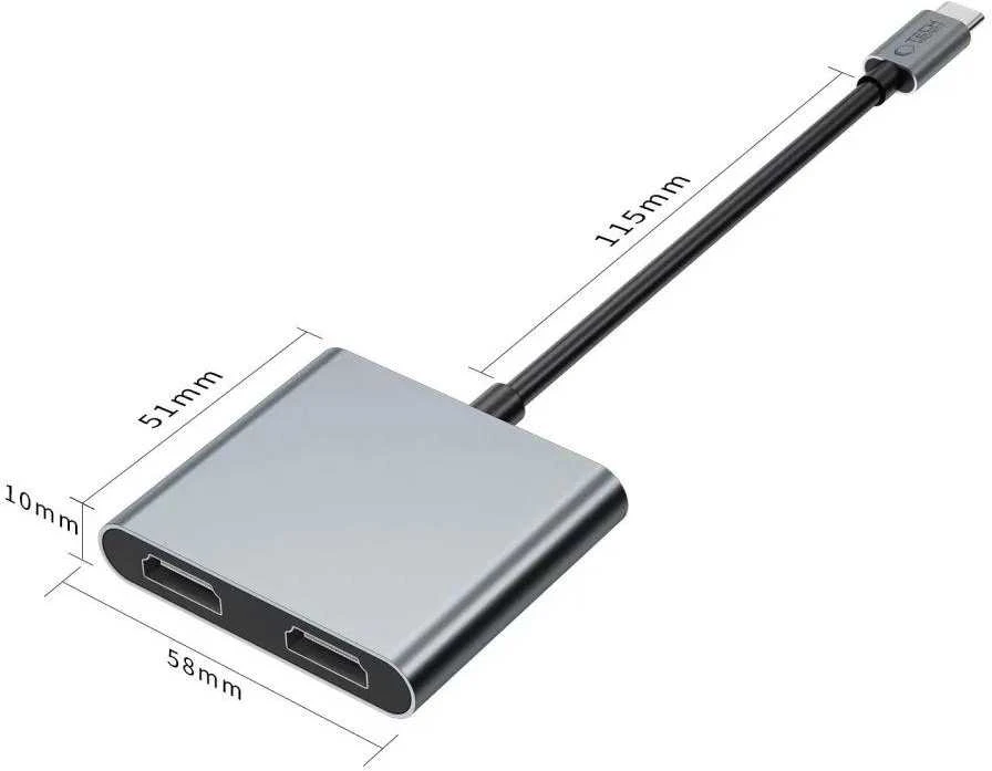„Tech-Protect HB08 4in1“ USB-C + USB2.0 + 2 x HDMI 4K 60HZ adapteris - pilka