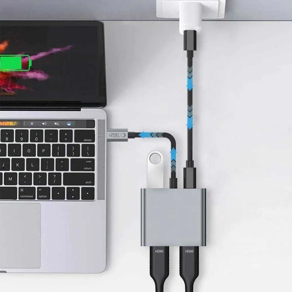 „Tech-Protect HB08 4in1“ USB-C + USB2.0 + 2 x HDMI 4K 60HZ adapteris - pilka