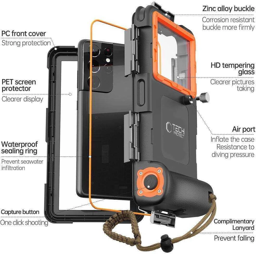 Tech-Protect IPX8 Diving Atsparus vandeniui Case Universal dėklas telefonui juodos spalvos & oranžinis