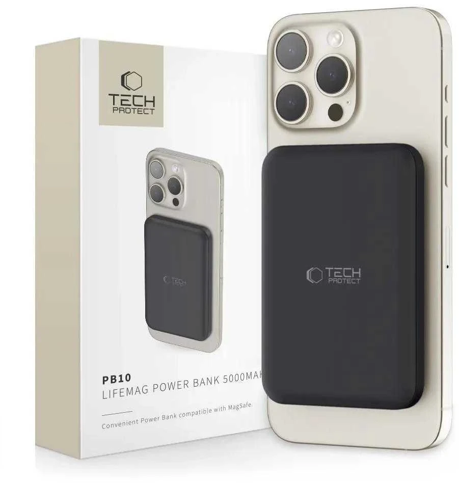 Tech-Protect LifeMag PB10 Powerbank su MagSafe 5000mAh 15W USB-C port – juodos spalvos + USB-C kabelis