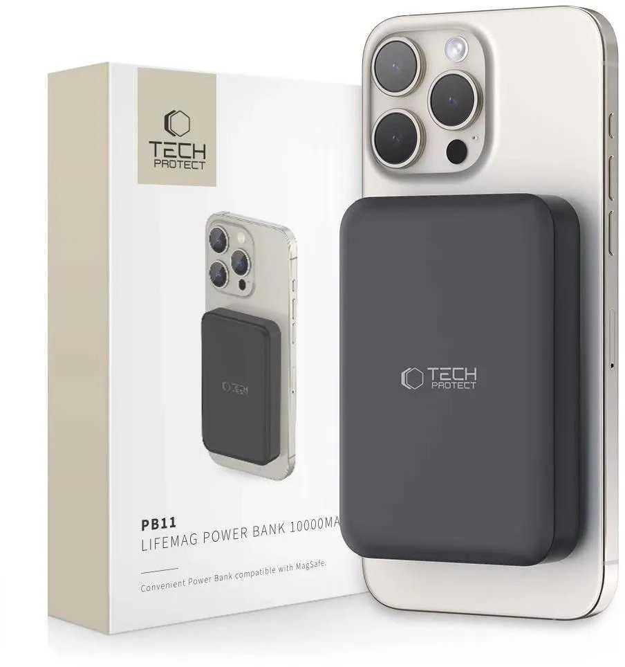 Tech-Protect LifeMag PB11 Powerbank su MagSafe 10000mAh 15W USB-C port – juodos spalvos + USB-C kabelis