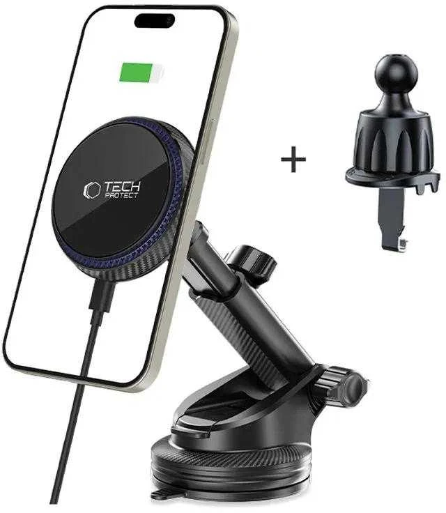 TECH-PROTECT MM15W-V4 MAGNETINIS MAGSAFE PRIEKINIO PANELIO IR VENTILIACIJOS AUTOMOBILIO LAIKIKLIS BELAIDIS ĮKROVIKLIS 15W Juodas