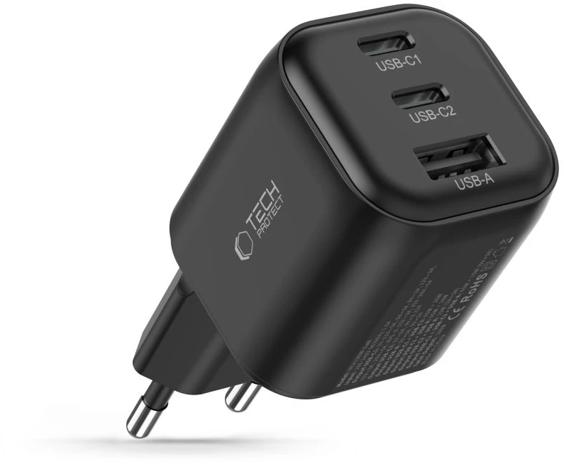 Tech-Protect NCA100W-GAN-AVS 3 prievadų tinklo įkroviklis PD 3.2 100W / QC3.0 juodas