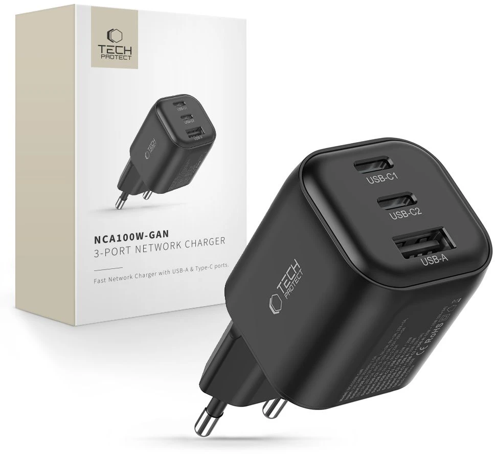 Tech-Protect NCA100W-GAN-AVS 3 prievadų tinklo įkroviklis PD 3.2 100W / QC3.0 juodas