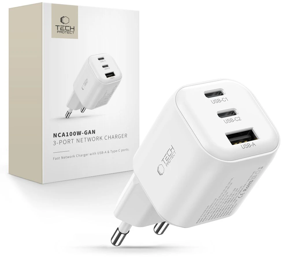 Tech-Protect NCA100W-GAN-AVS 3 prievadų tinklo įkroviklis PD 3.2 100W / QC3.0 baltas