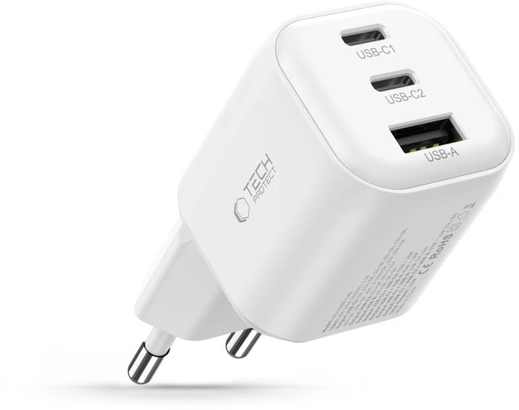 Tech-Protect NCA100W-GAN-AVS 3 prievadų tinklo įkroviklis PD 3.2 100W / QC3.0 baltas