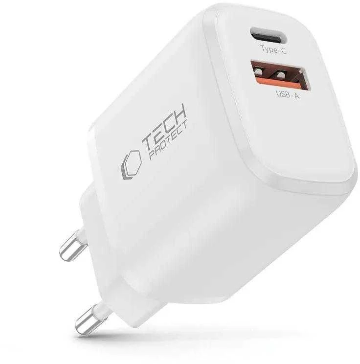 „Tech-Protect NCA20 PD 20W QC3.0 USB-A / USB-C“ sieninis įkroviklis - Baltas