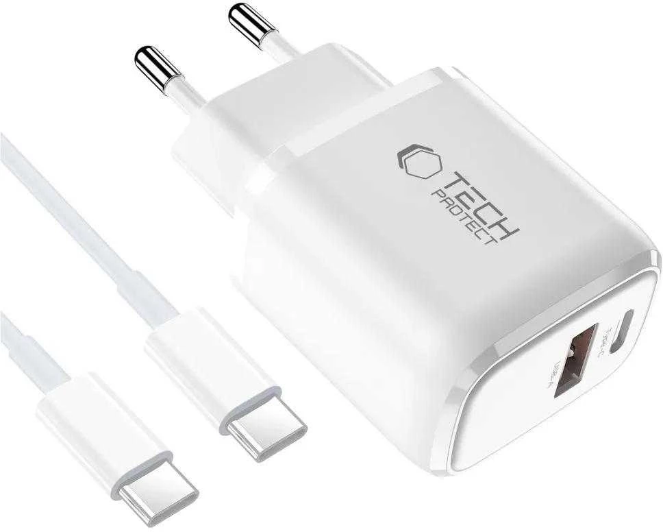 Tech-Protect NCA20 PD 20W QC3.0 USB-A / USB-C sieninis įkroviklis + USB-C / USB-C laidas 100 cm - Baltas