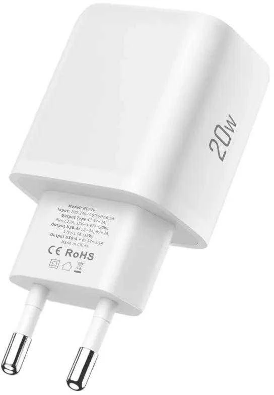 „Tech-Protect NCA20 PD 20W QC3.0 USB-A / USB-C“ sieninis įkroviklis - Baltas
