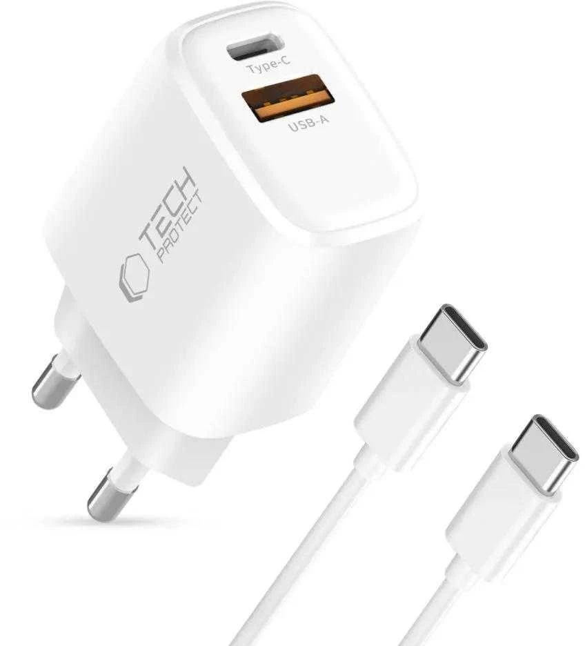 Tech-Protect NCA30 PD 30W QC3.0 USB-A / USB-C sieninis įkroviklis + USB-C / USB-C laidas 100 cm - Baltas