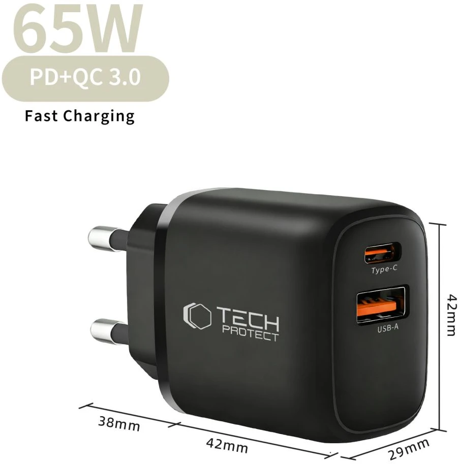 TECH-PROTECT NCA65W-GAN 2 PRIEVADŲ TINKLO ĮKROVIKLIS PD 65W / QC3.0 Juodas