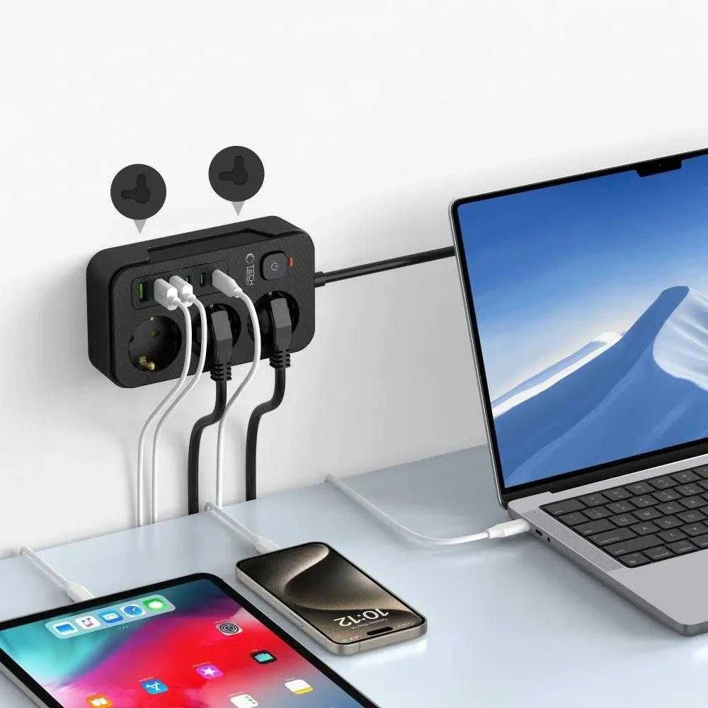 „Tech-Protect PC3X6“ ilgintuvas, 3 lizdai, 240 V + 3 USB-A + 3 USB-C, 200 cm, juodas