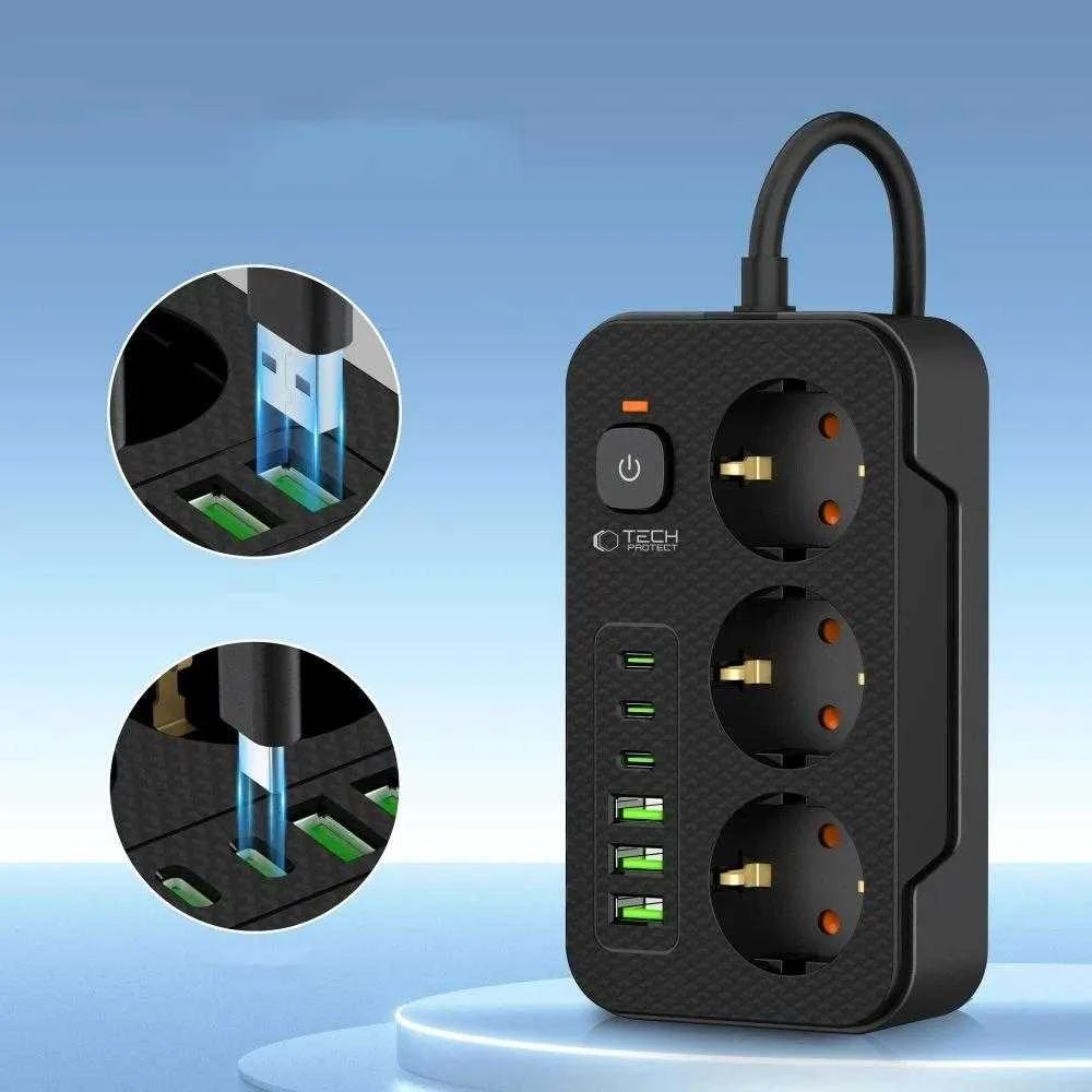 „Tech-Protect PC3X6“ ilgintuvas, 3 lizdai, 240 V + 3 USB-A + 3 USB-C, 200 cm, juodas