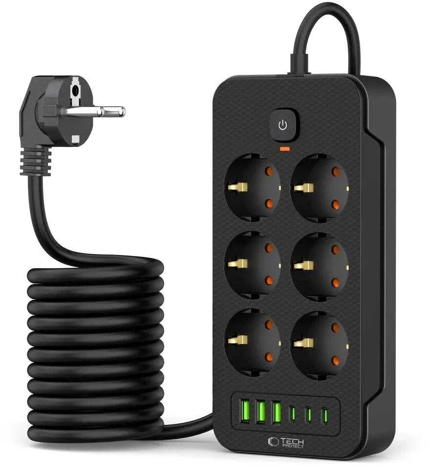 „Tech-Protect PC6X6“ maitinimo lizdas, 6 lizdai, 240 V + 3 USB-A + 3 USB-C, 200 cm, juodas