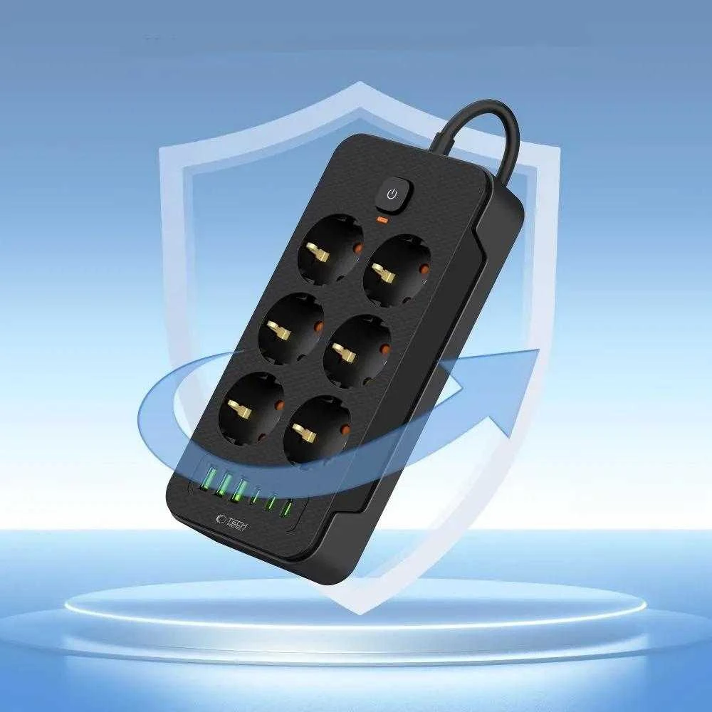 „Tech-Protect PC6X6“ maitinimo lizdas, 6 lizdai, 240 V + 3 USB-A + 3 USB-C, 200 cm, juodas