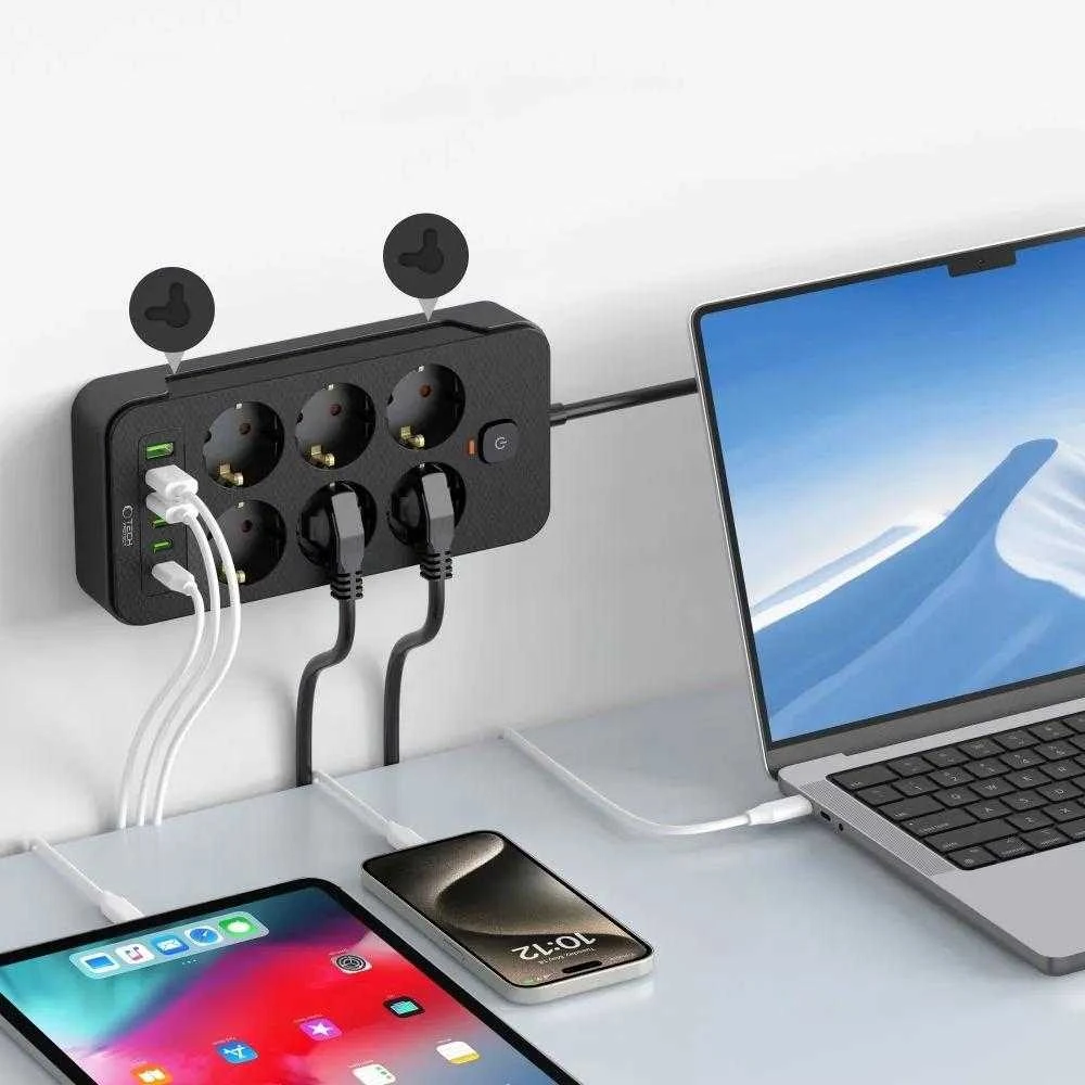 „Tech-Protect PC6X6“ maitinimo lizdas, 6 lizdai, 240 V + 3 USB-A + 3 USB-C, 200 cm, juodas