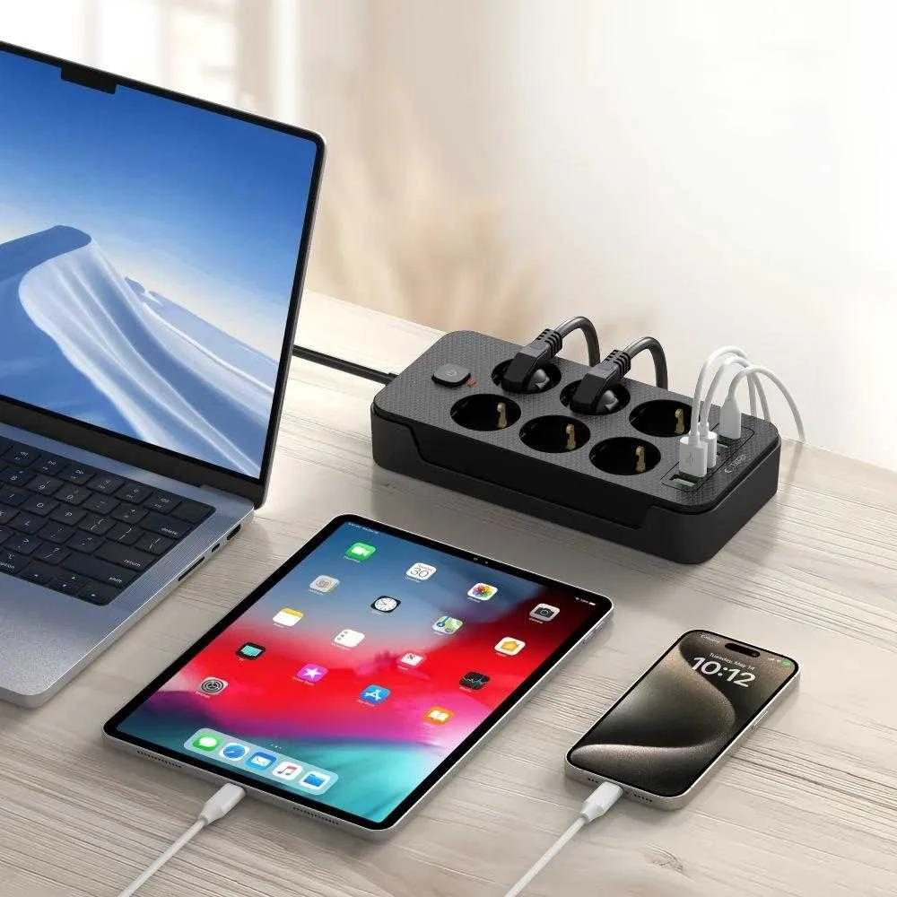„Tech-Protect PC6X6“ maitinimo lizdas, 6 lizdai, 240 V + 3 USB-A + 3 USB-C, 200 cm, juodas