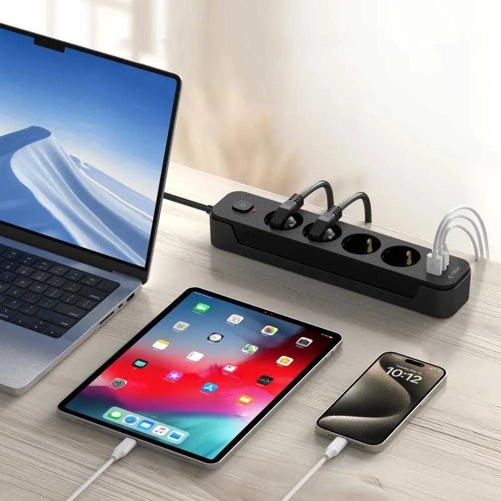 „Tech-Protect PCL4X3“ maitinimo lizdas, 4 lizdai, 240 V + 2 USB-A + 1 USB-C, 200 cm, juodas