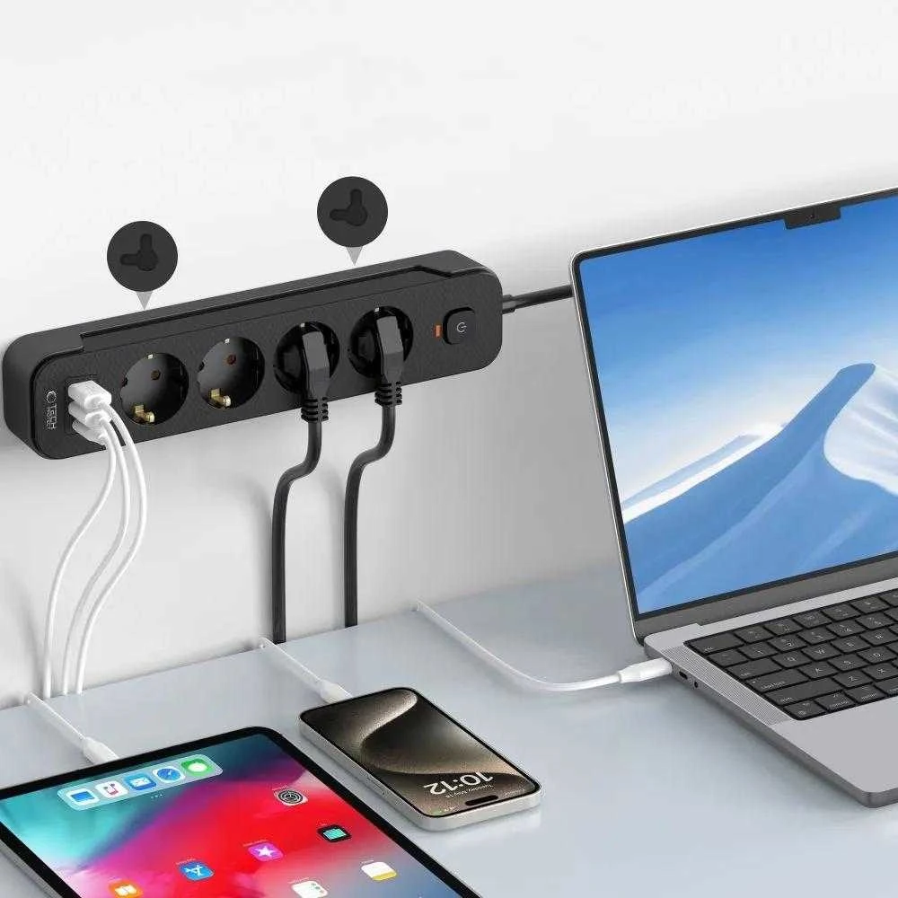 „Tech-Protect PCL4X3“ maitinimo lizdas, 4 lizdai, 240 V + 2 USB-A + 1 USB-C, 200 cm, juodas