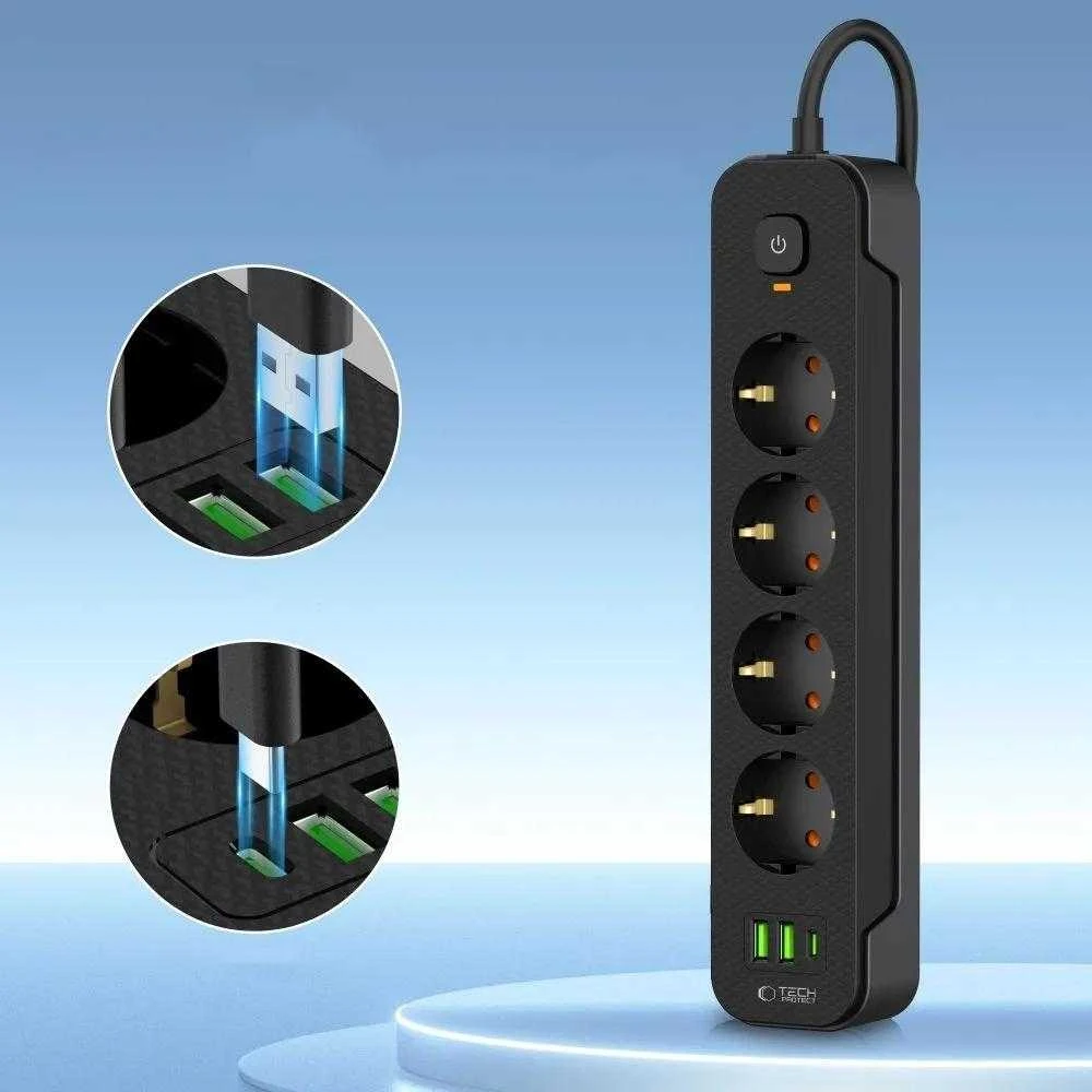 „Tech-Protect PCL4X3“ maitinimo lizdas, 4 lizdai, 240 V + 2 USB-A + 1 USB-C, 200 cm, juodas