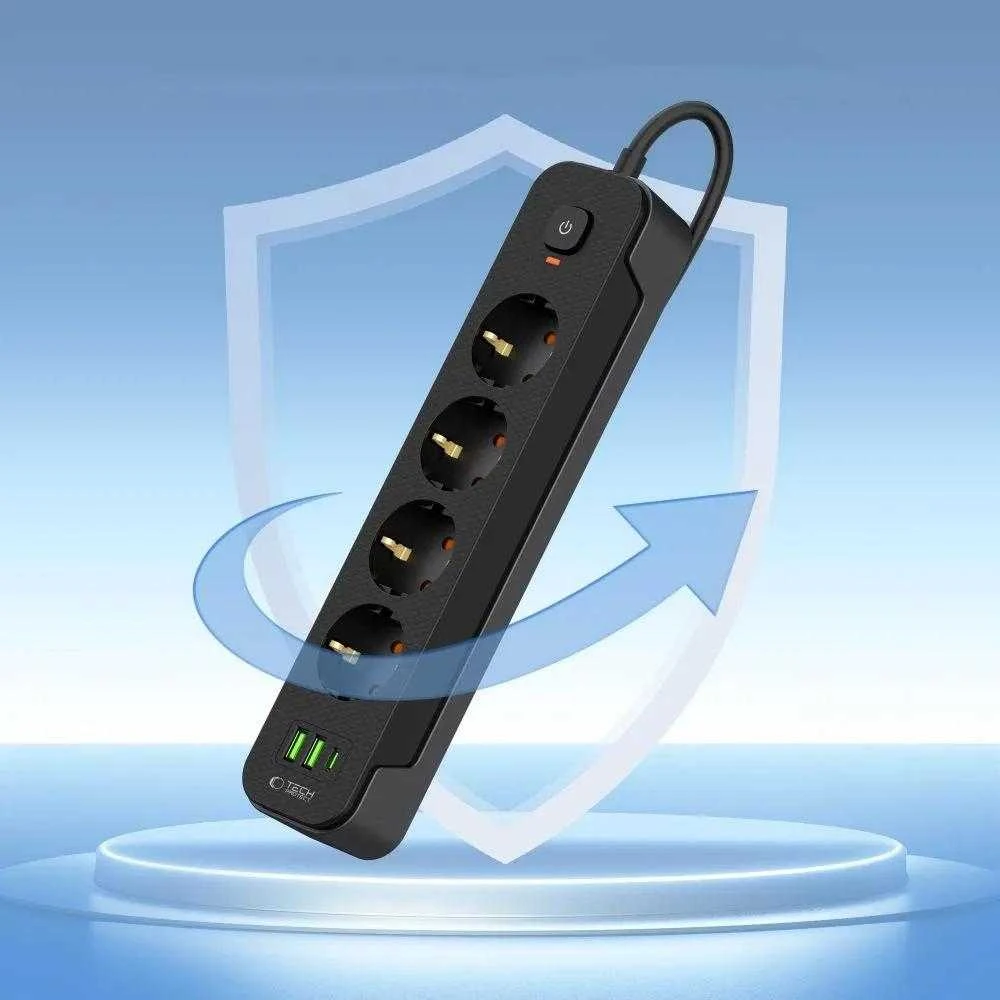 „Tech-Protect PCL4X3“ maitinimo lizdas, 4 lizdai, 240 V + 2 USB-A + 1 USB-C, 200 cm, juodas